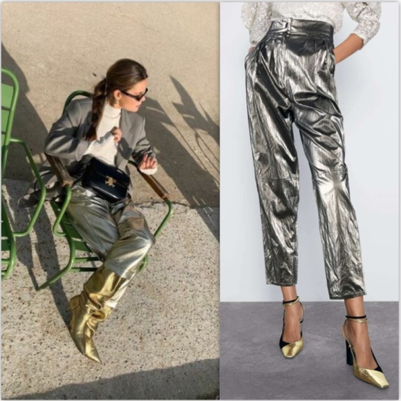 Zara Pants - Zara Wrinkled-effect Metallic Trousers NWT